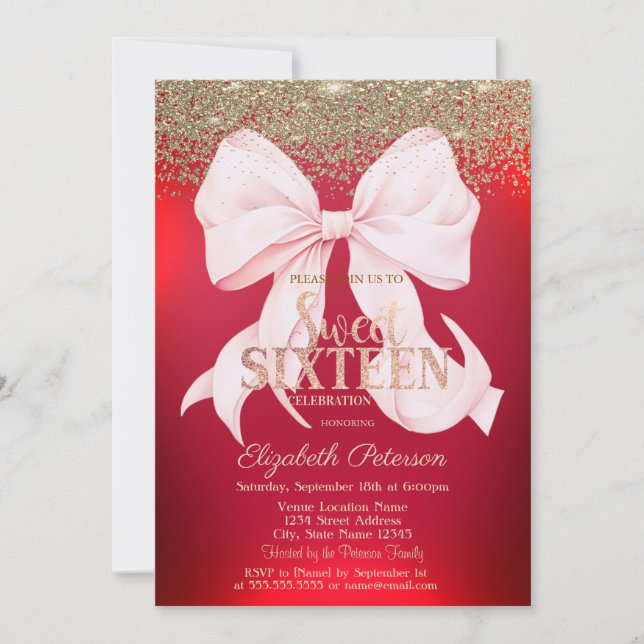Elegant Pink Bow Gold Diamond Red Sweet 16  Invitation (Front)