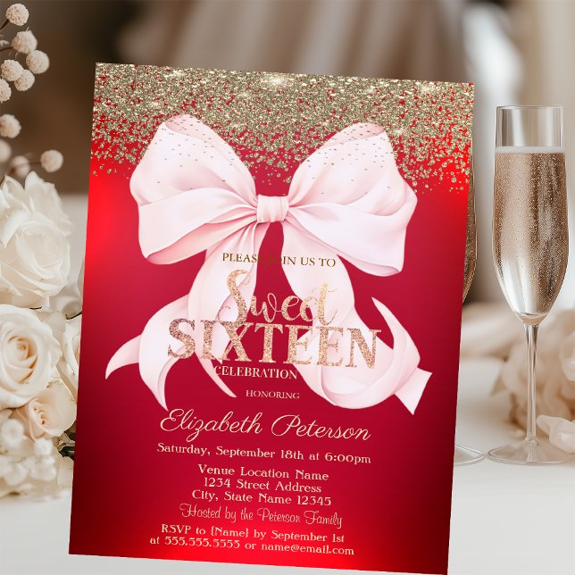 Elegant Pink Bow Gold Diamond Red Sweet 16  Invitation (Creator Uploaded)