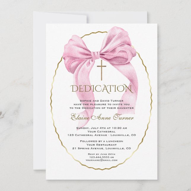 Elegant Pink Bow Gold Girl Dedication  Invitation (Front)