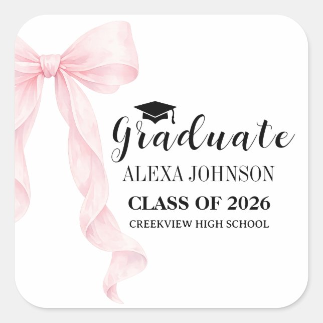Elegant Pink Bow Graduation Cap Graduate Square Sticker (Front)