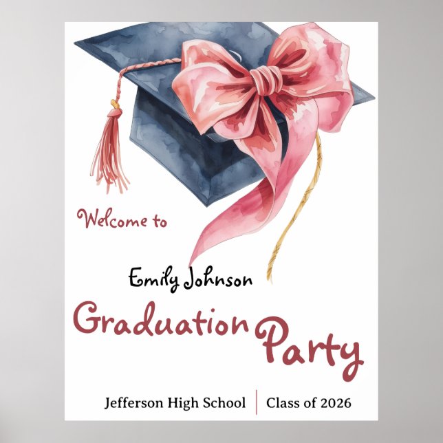 Elegant Pink Bow Graduation Party Poster (Front)
