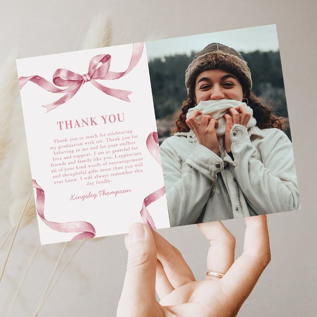 Elegant Pink Bow Graduation Photo Thank You Card (Creator Uploaded)