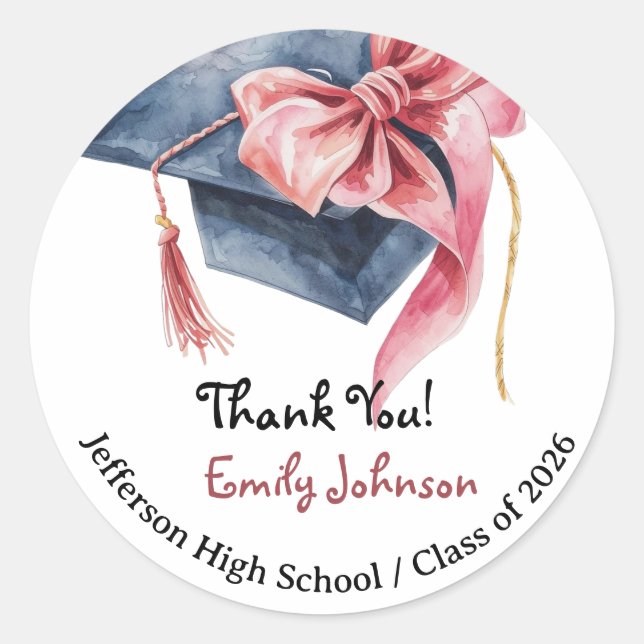 Elegant Pink Bow Graduation Thank You  Classic Round Sticker (Front)