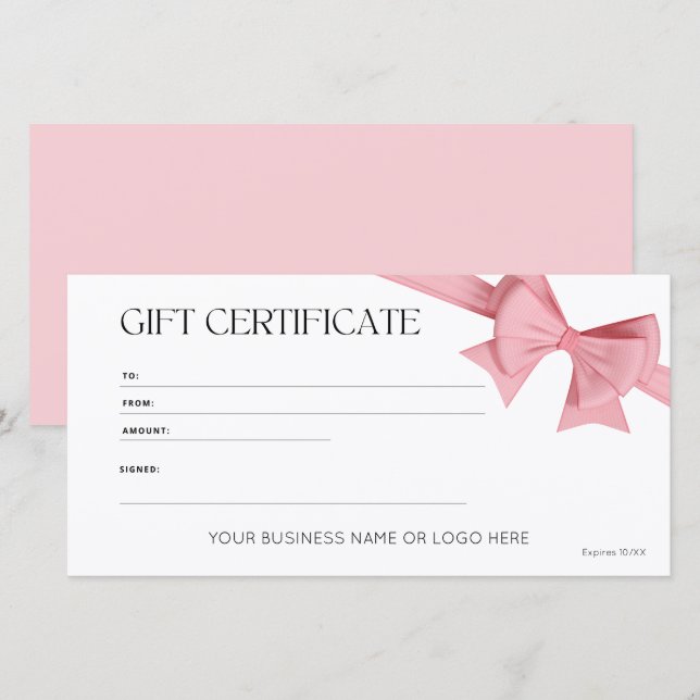 Elegant Pink Bow Logo Gift Certificate (Front/Back)