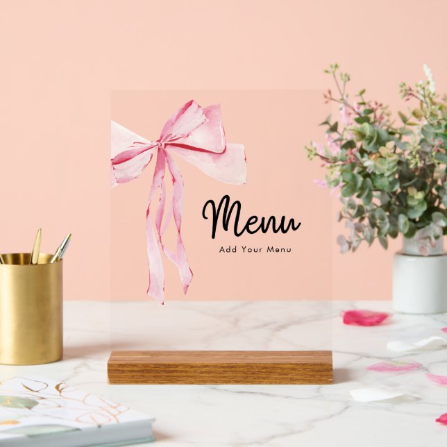 Elegant Pink Bow Menu Bridal Shower Acrylic Sign (Wedding)