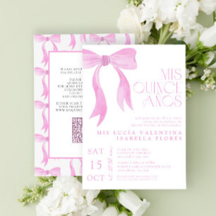 Elegant Pink Bow Mis Quince Años QR Quinceañera Invitation