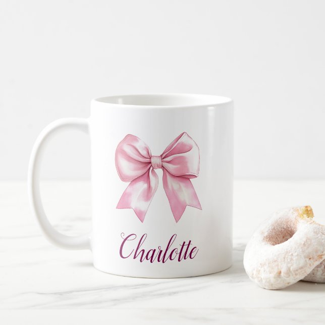 Elegant Pink Bow & Name Coffee Mug (With Donut)