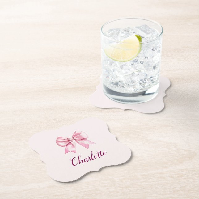 Elegant Pink Bow & Name Personalised Paper Coaster (Insitu)