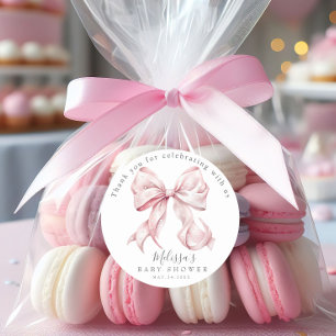 Elegant Pink Bow Pearls Baby Shower Girl Classic Round Sticker