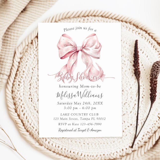 Elegant Pink Bow Pearls Baby Shower Girl Invitation (Creator Uploaded)