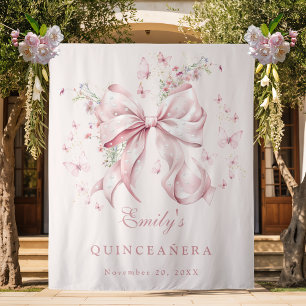 Elegant Pink Bow Pearls Quinceanera Birthday Tapestry