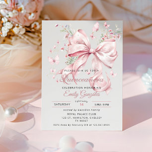 Elegant Pink Bow & Pearls Quinceañera Invitation