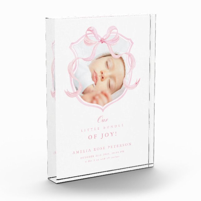 Elegant Pink Bow Photo Baby Girl Acrylic Block (Left)