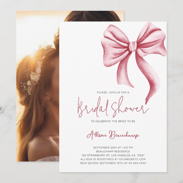 Elegant Pink Bow Photo Bridal Shower Party Invitation (Front/Back)