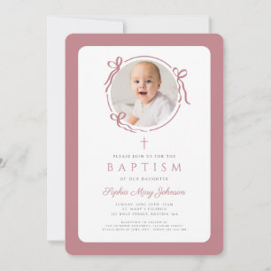 Elegant Pink Bow Photo Girl Baptism Invitation