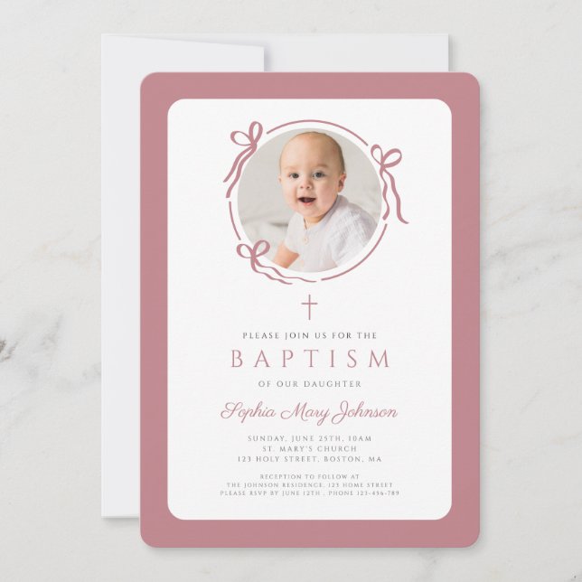 Elegant Pink Bow Photo Girl Baptism Invitation (Front)