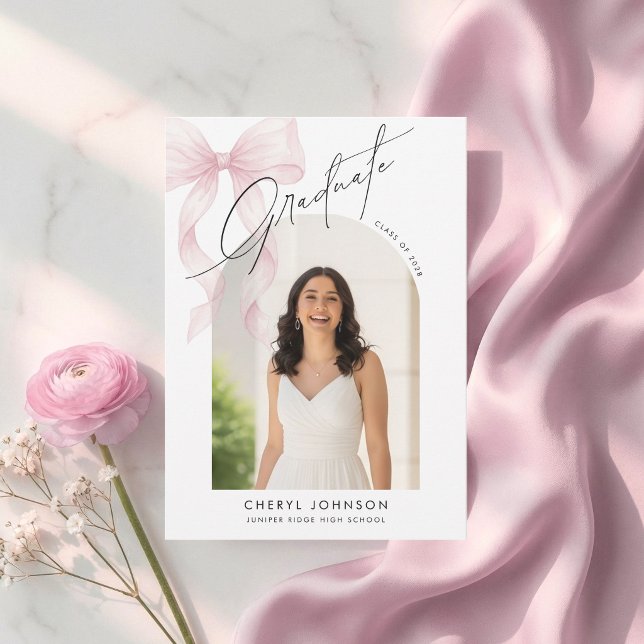 Elegant Pink Bow Photo Graduation Announcement (Creator Uploaded)