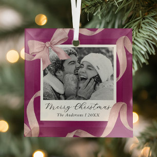 Elegant Pink Bow Photo Holiday Glass Tree Decoration