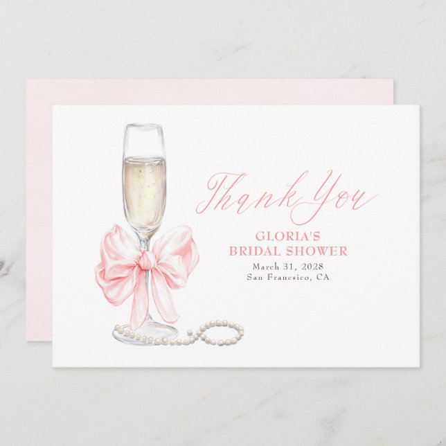 Elegant Pink Bow Prosecco Bridal Shower Thank You (Front/Back)