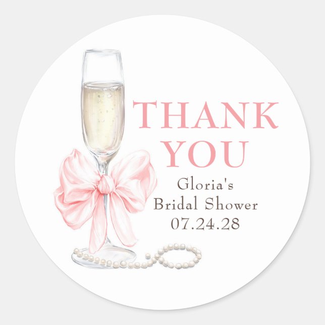 Elegant Pink Bow Prosecco Bridal Shower Thank You Classic Round Sticker (Front)