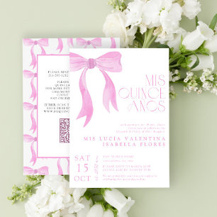 Elegant Pink Bow QR Mis Quince Años Quinceañera Invitation