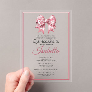 Elegant Pink Bow Quinceanera 15th Birthday Acrylic Invitations