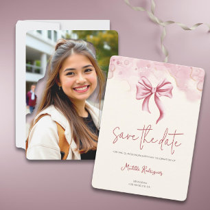 Elegant Pink Bow Quinceañera Photo Save The Date
