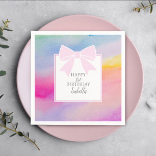 Elegant Pink Bow Rainbow Watercolor First Birthday Napkin
