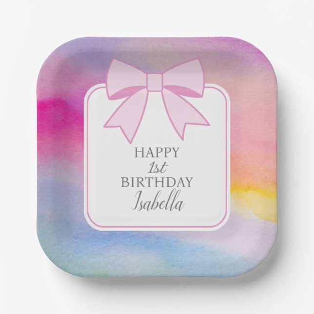 Elegant Pink Bow Rainbow Watercolor First Birthday Paper Plate (Front)