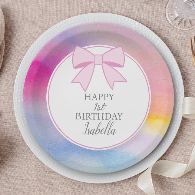 Elegant Pink Bow Rainbow Watercolor First Birthday Paper Plate (Creator Uploaded)