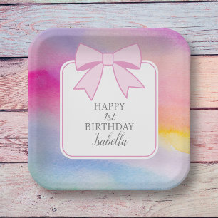 Elegant Pink Bow Rainbow Watercolor First Birthday Paper Plate