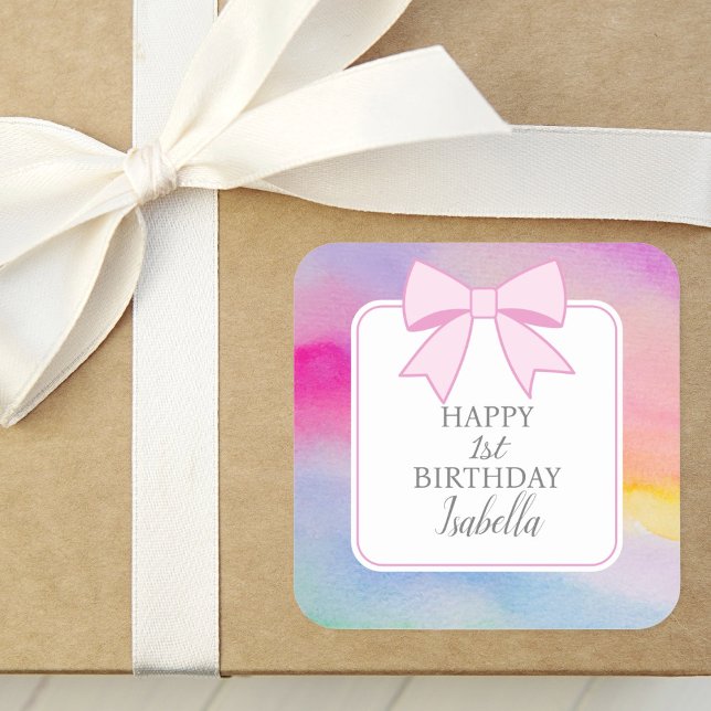 Elegant Pink Bow Rainbow Watercolor First Birthday Square Sticker (Creator Uploaded)