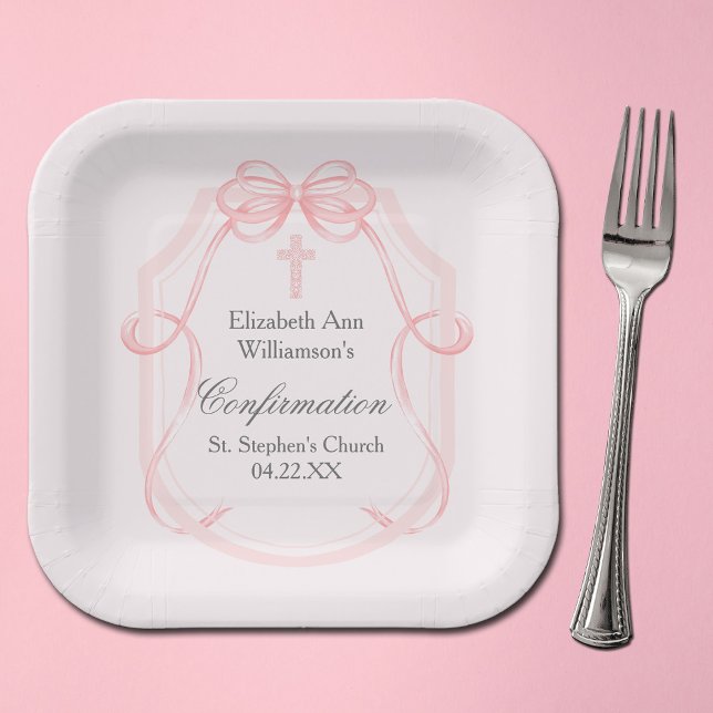 Elegant Pink Bow Ribbon Confirmation Party Paper Plate (Creator Uploaded)