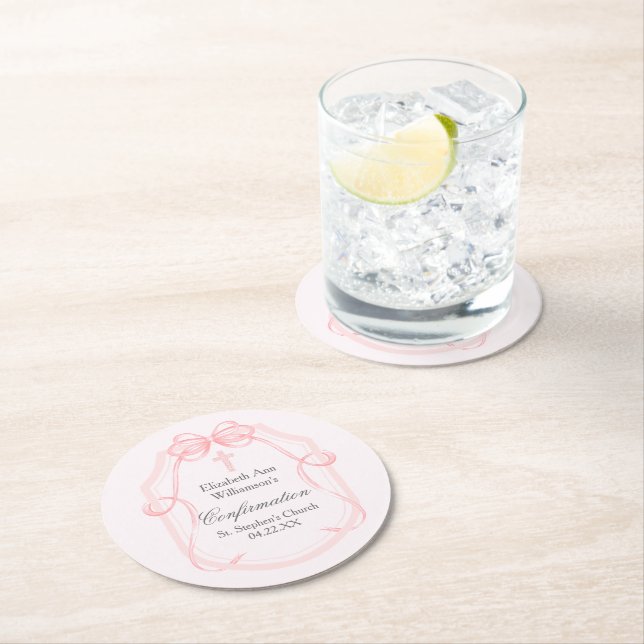 Elegant Pink Bow Ribbon Confirmation Party Round Paper Coaster (Insitu)