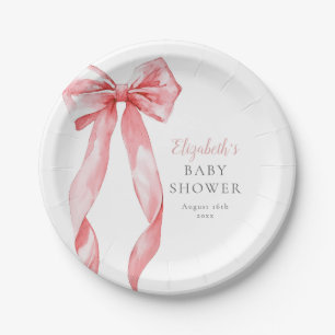 Elegant Pink Bow Ribbon Girl Baby Shower Paper Plate