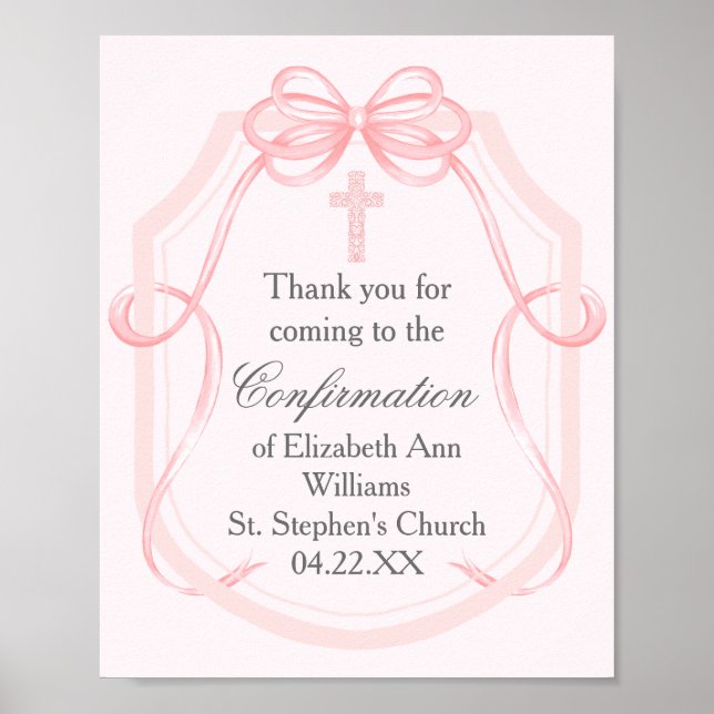Elegant Pink Bow Ribbon Girl's Confirmation Party Poster (Front)