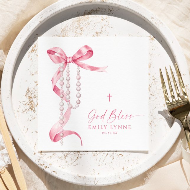 Elegant Pink Bow & Rosary Baptism Napkin (Creator Uploaded)