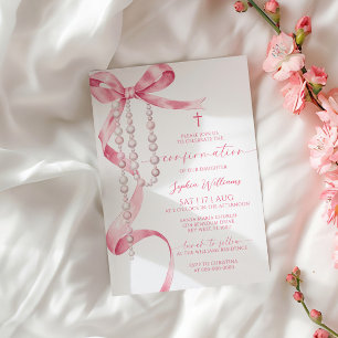 Elegant Pink Bow & Rosary Confirmation Invitation