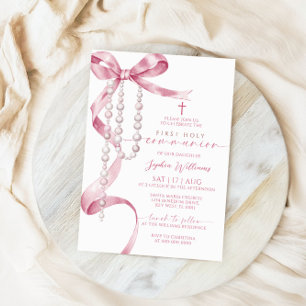 Elegant Pink Bow & Rosary First Holy Communion Invitation