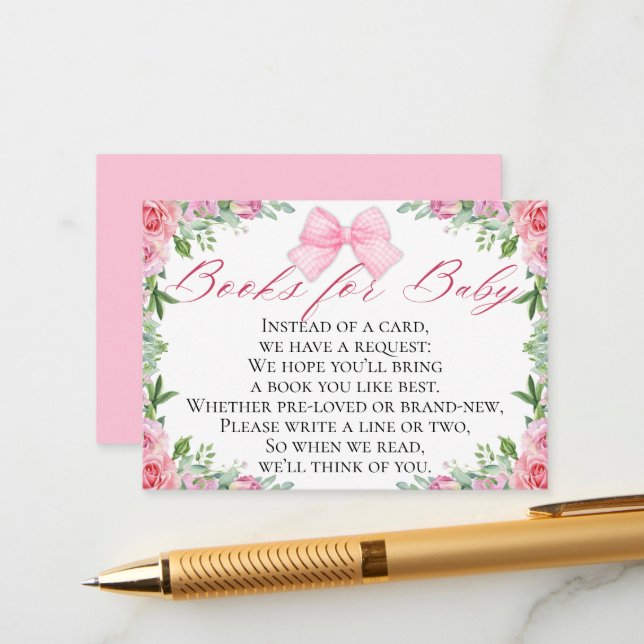 Elegant Pink Bow & Roses Coquette Books for Baby Enclosure Card (Front/Back In Situ)