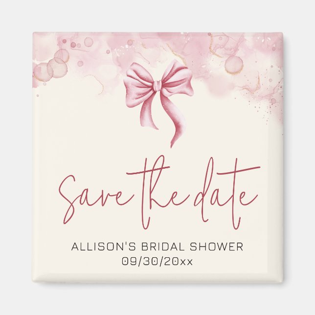 Elegant Pink Bow Save the Date Bridal Shower Magnet (Front)