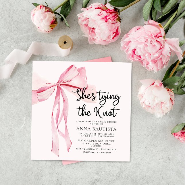 Elegant Pink Bow She Tying The Knot Bridal Shower Invitation (Creator Uploaded)