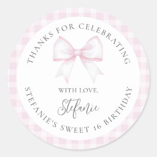 Elegant Pink Bow Sweet 16 Girl Birthday Thank You Classic Round Sticker