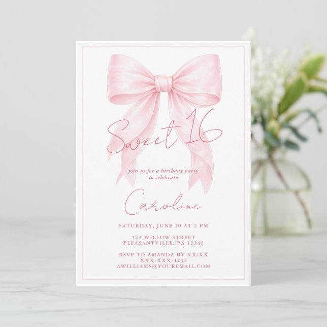 Elegant Pink Bow Sweet 16 Invitation (Standing Front)