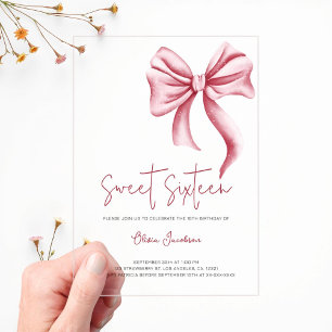 Elegant Pink Bow Sweet Sixteen Birthday Party Acrylic Invitations