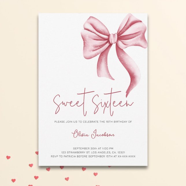 Elegant Pink Bow Sweet Sixteen Birthday Party Invitation (Creator Uploaded)
