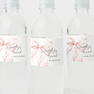 Elegant Pink Bow Sweet Sixteen Birthday Water Bottle Label
