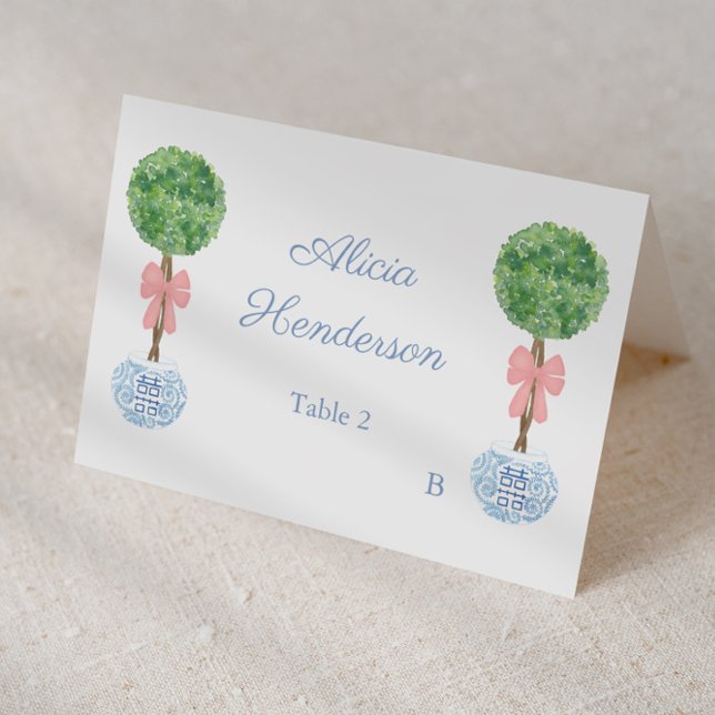 Elegant Pink Bow Topiary Individual Place Card (Elegant place card design featuring watercolor boxwood topiary in a ginger jar planter and pink bow)