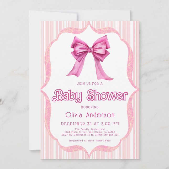 Elegant Pink Bow Trendy Baby Shower Invitation (Front)