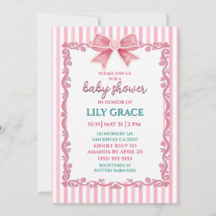 Elegant Pink Bow & Vintage Rose Baby Shower Invitation